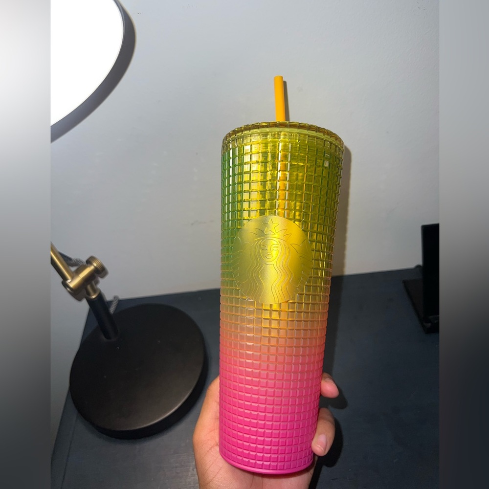 Starbucks Summer Lemon Yellow Pink Gradient Ombre Grid Venti Tumbler